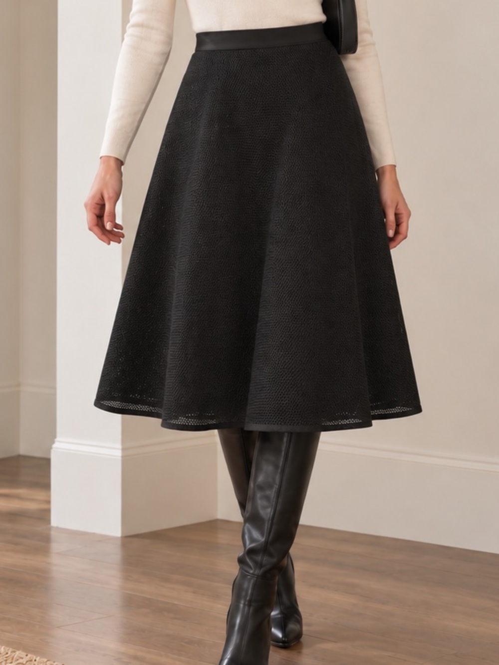 Sandro Paris Black Textured Mesh Full A-Line Midi Skirt